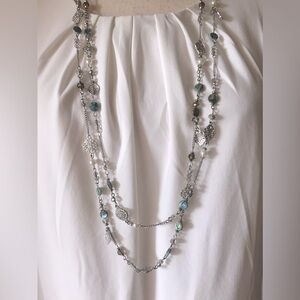 Double Strand Necklace Silver Green Station Fashion Jewelry Long Length